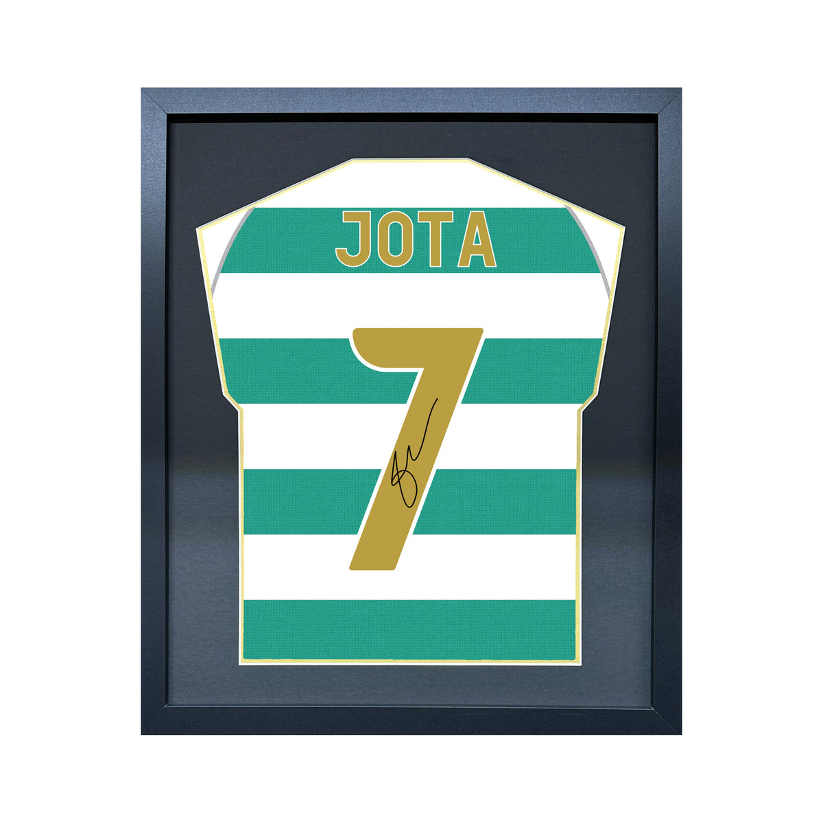 Jota compact Gift 450 framed football display with black/gold mount and machine-applied pen signature on white background