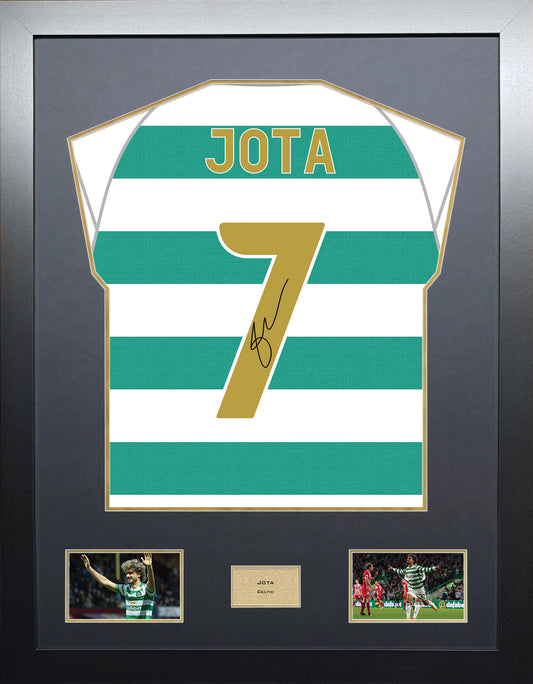 Jota Highline framed football shirt display with machine-applied signature and black/gold mount