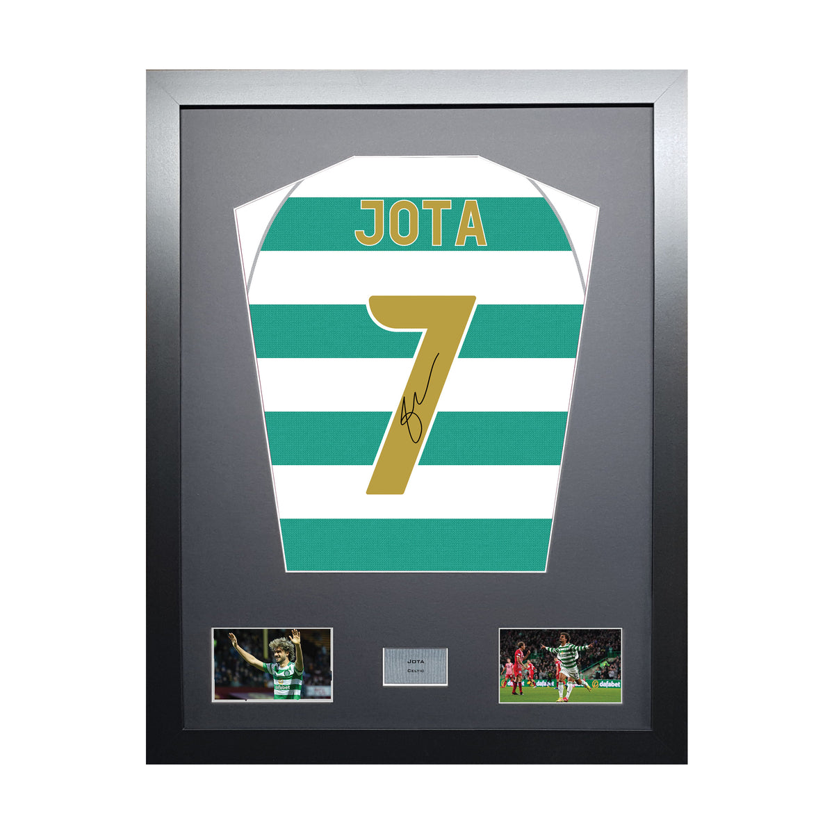 Jota Standard framed football shirt display with machine-applied signature on white background