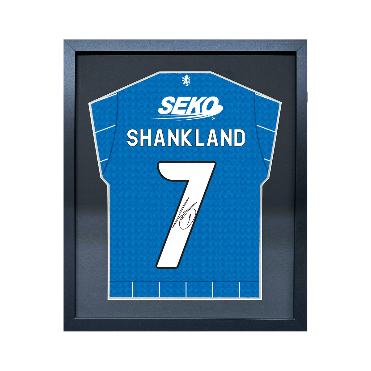 Lawrence Shankland compact Gift 450 framed football display with black/silver mount and machine-applied pen signature on white background