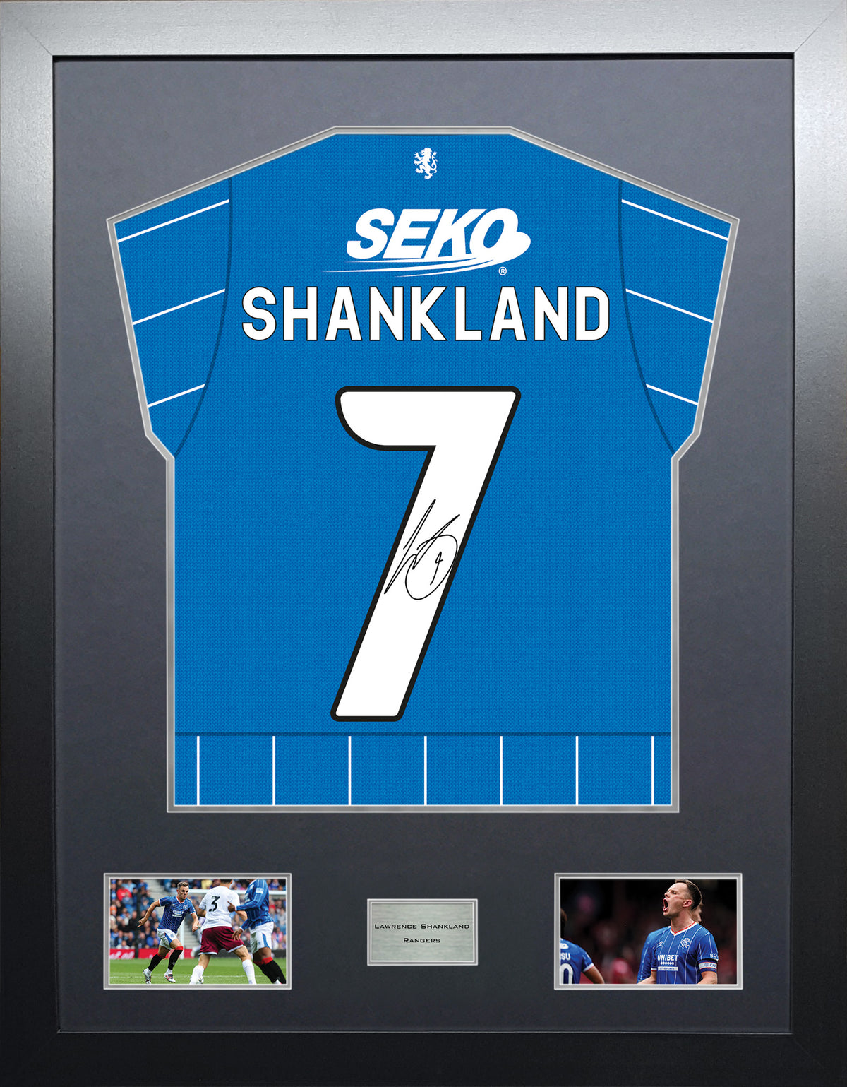 Lawrence Shankland Highline framed football shirt display with machine-applied signature and black/silver mount