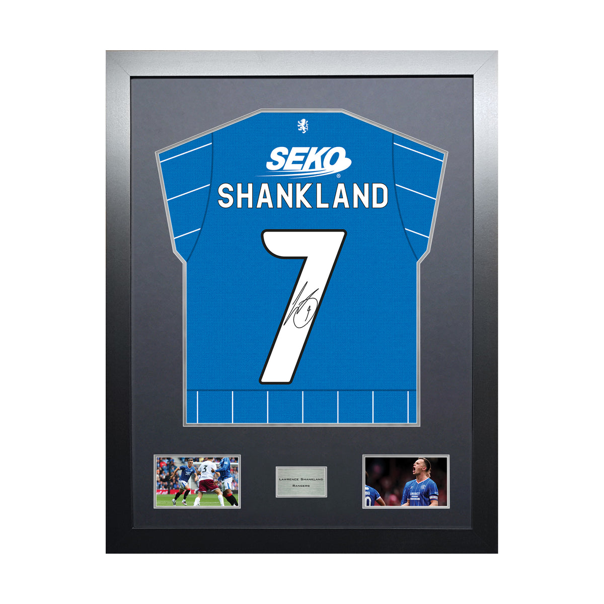Lawrence Shankland Highline framed football shirt display with machine-applied signature and black/silver mount on white background