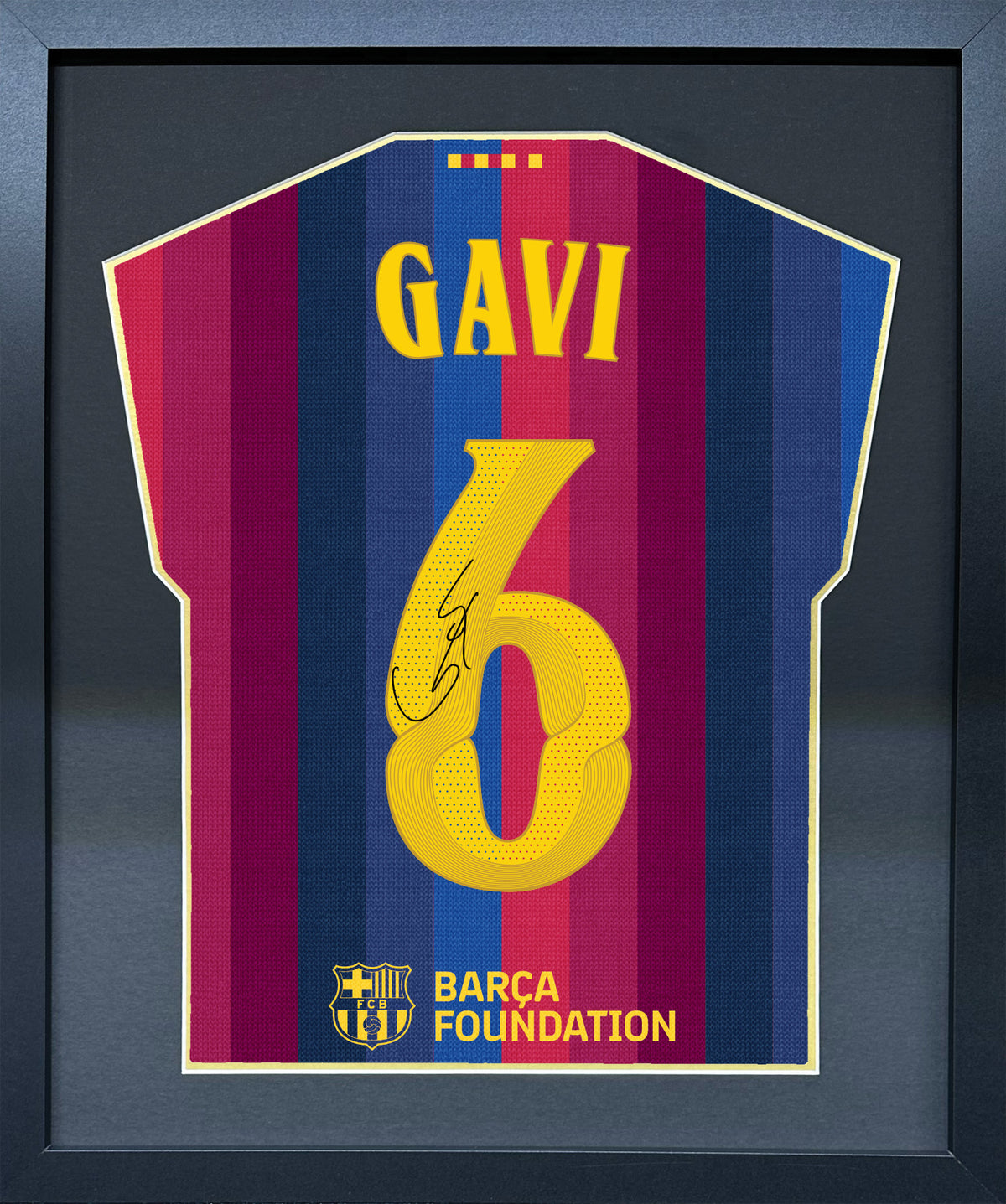 Gavi compact Gift 450 framed football display with black/gold mount and machine-applied pen signature