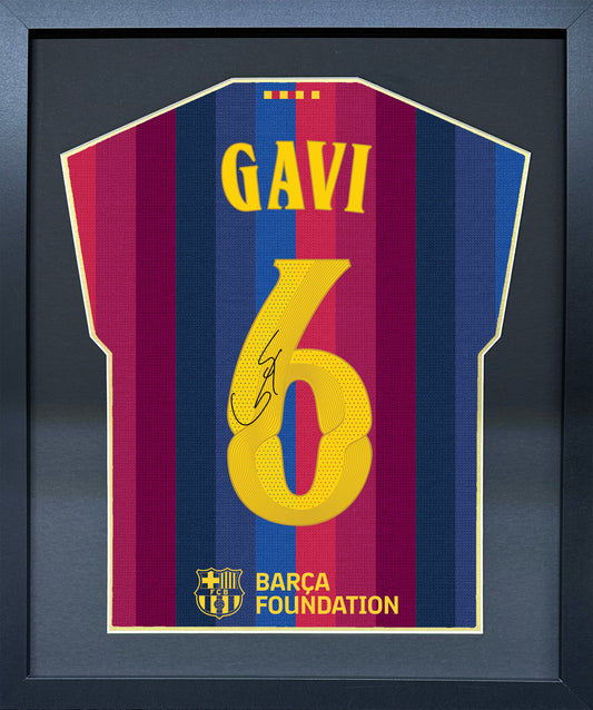 Gavi compact Gift 450 framed football display with black/gold mount and machine-applied pen signature