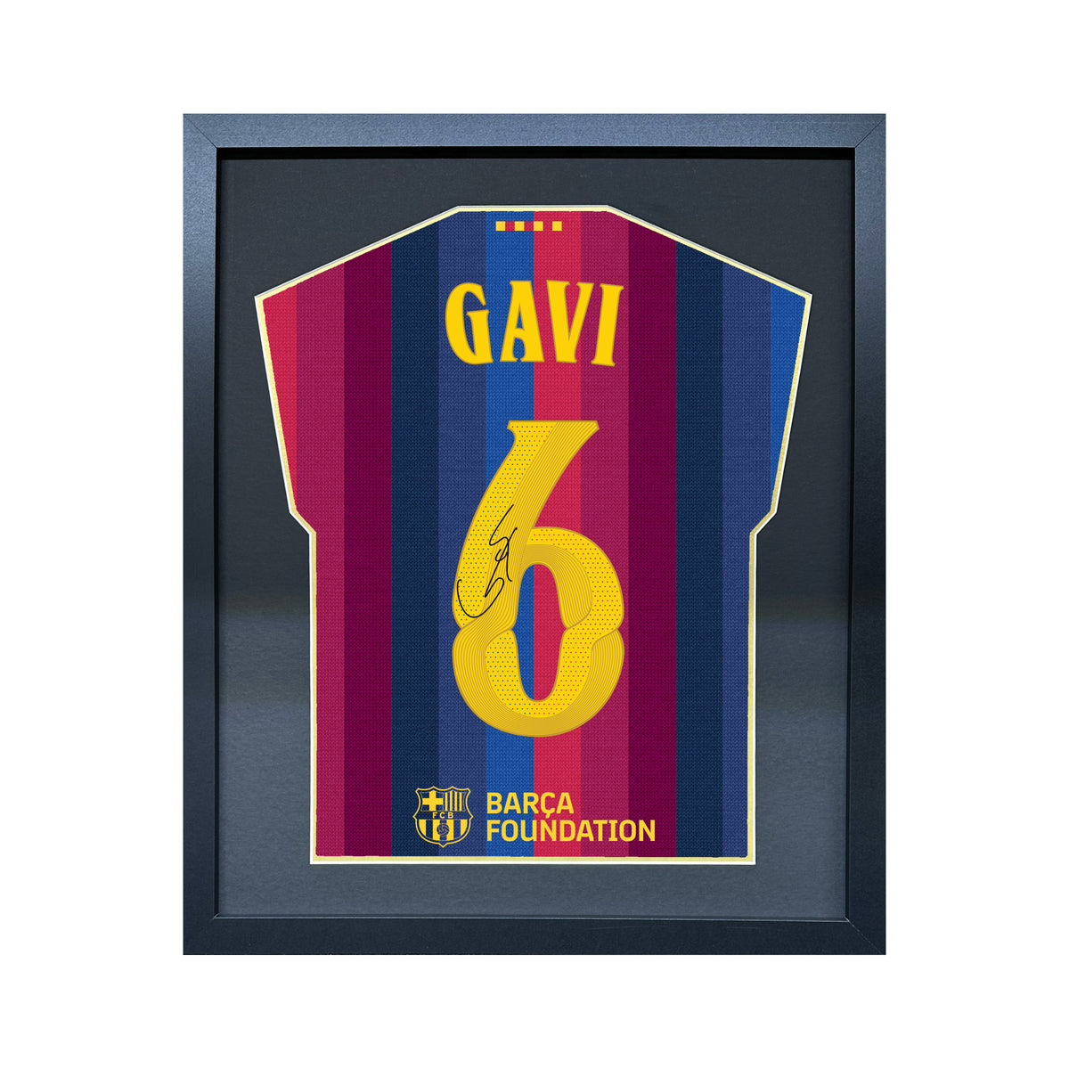 Gavi compact Gift 450 framed football display with black/gold mount and machine-applied pen signature on white background
