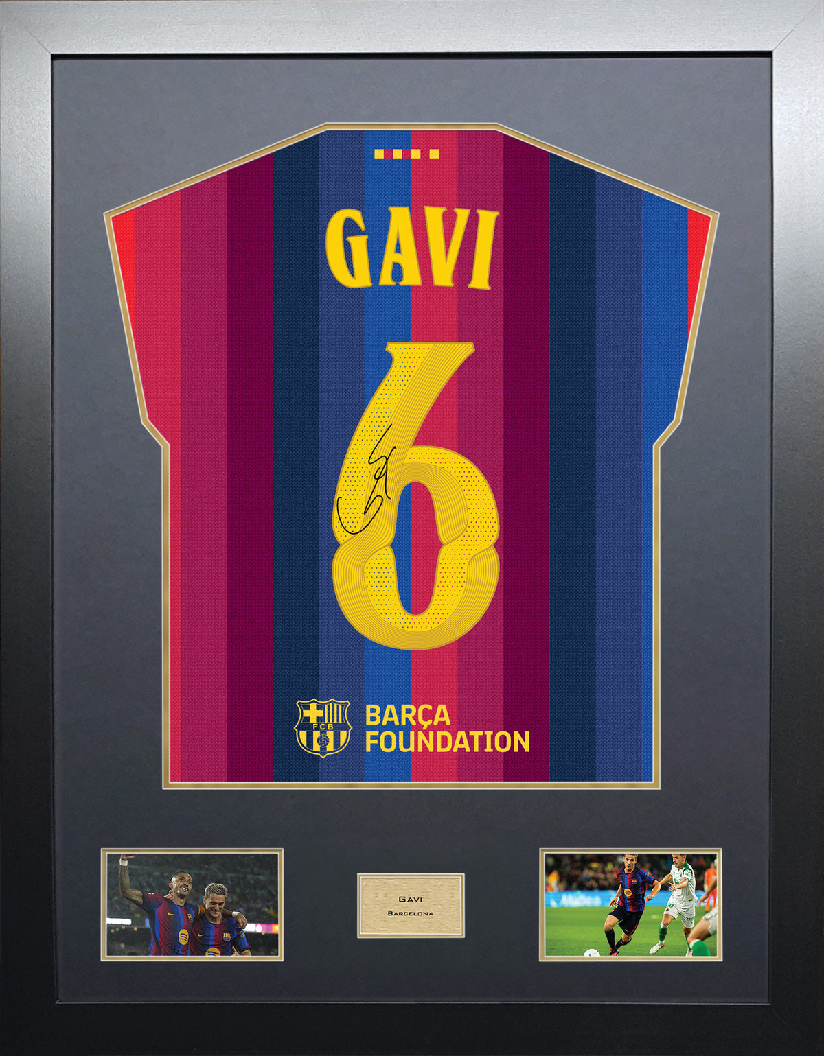 Gavi Highline framed football shirt display with machine-applied signature and black/gold mount