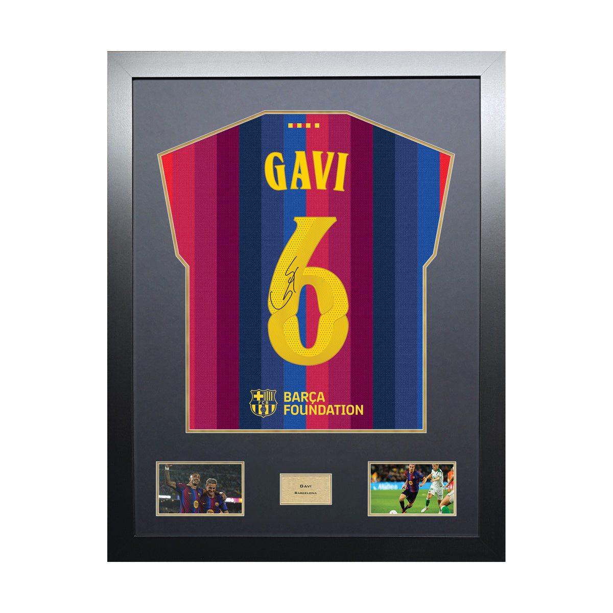 Gavi Highline framed football shirt display with machine-applied signature and black/gold mount on white background