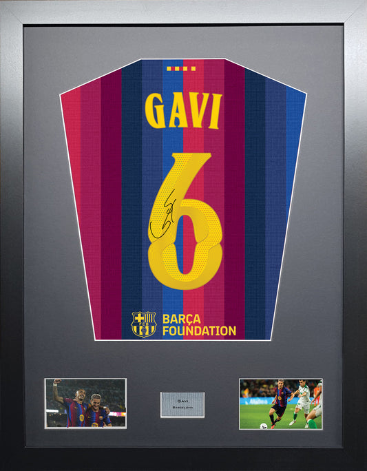 Gavi Standard framed football shirt display with machine-applied signature