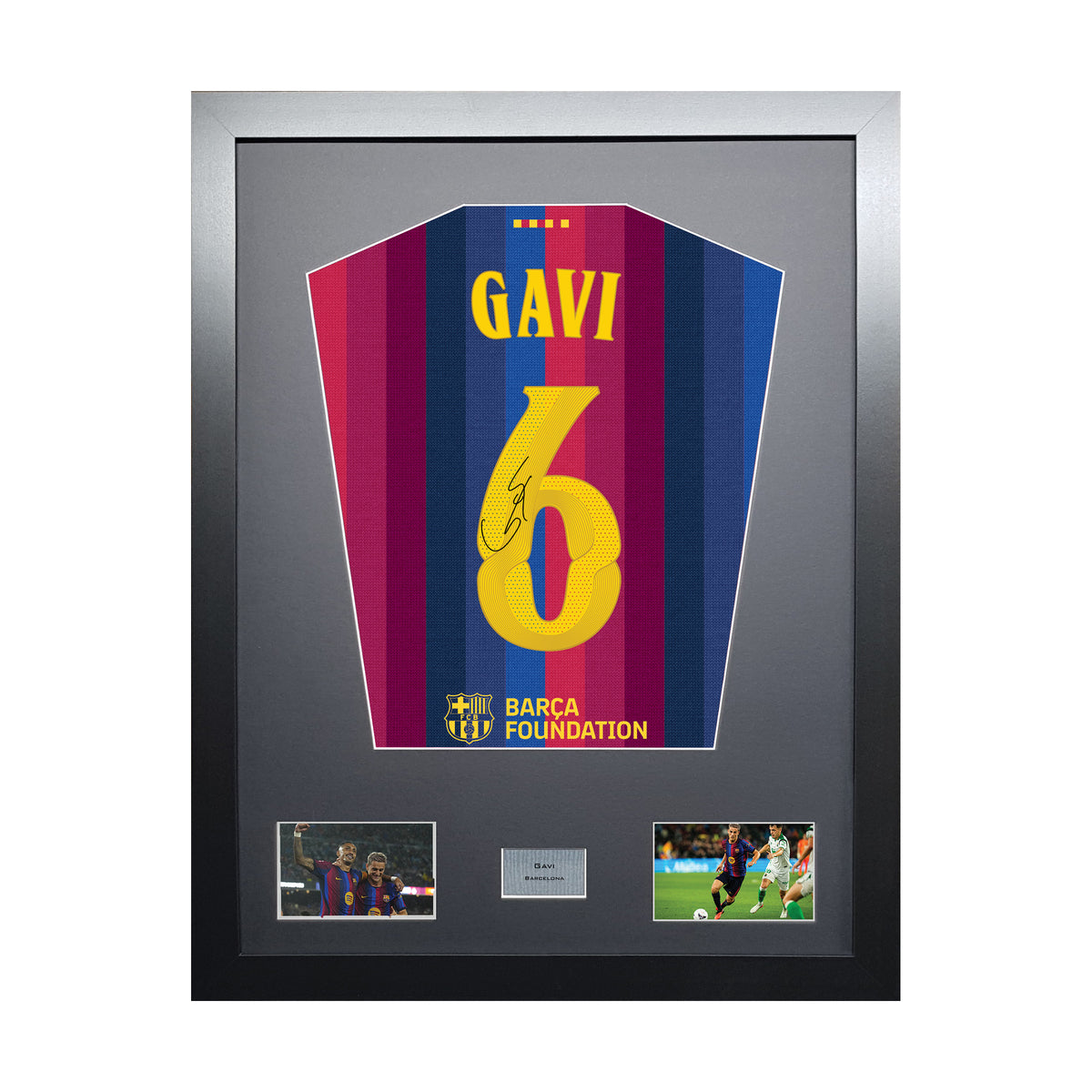 Gavi Standard framed football shirt display with machine-applied signature on white background