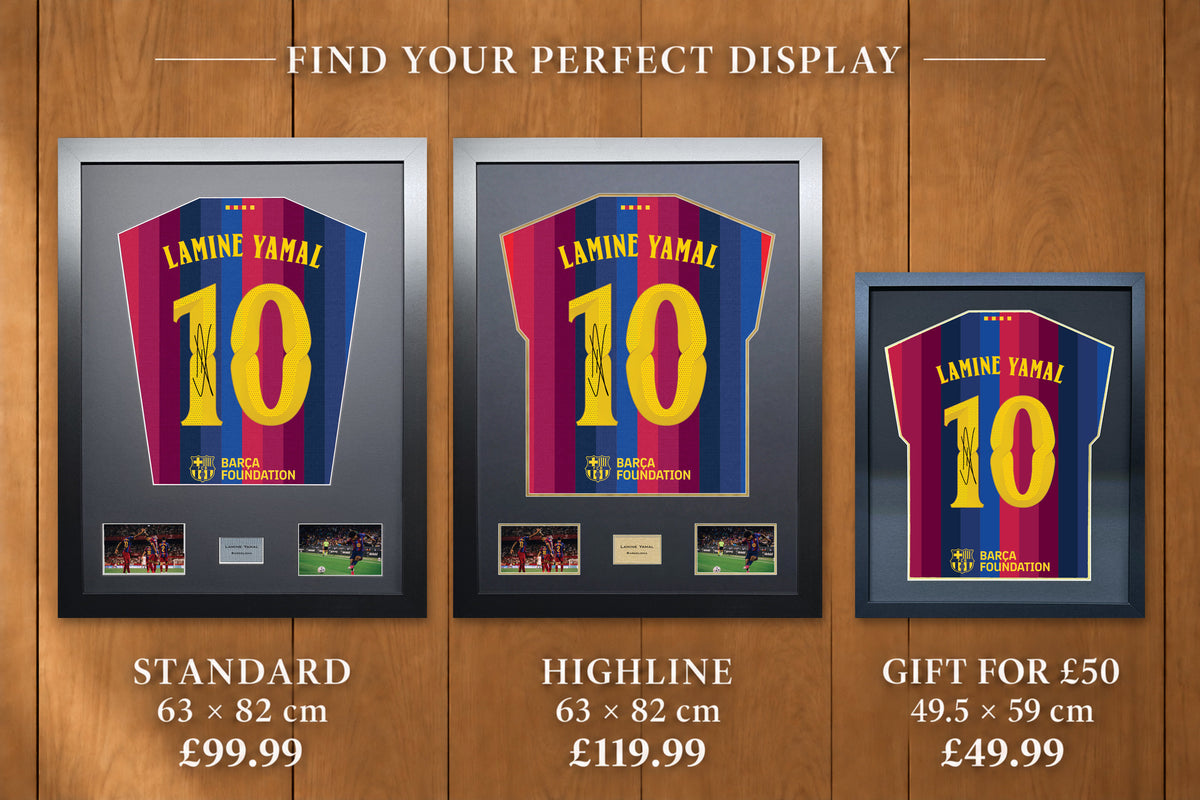 Lamine Yamal display comparison: Standard £99.99 and Highline £119.99, both 63 x 82 cm; Gift for £50 £49.99, 49.5 x 59 cm, with smaller name and number.