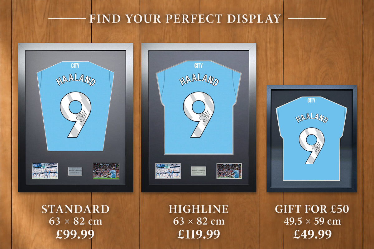 Erling Haaland display comparison: Standard £99.99 and Highline £119.99, both 63 x 82 cm; Gift for £50 £49.99, 49.5 x 59 cm, with smaller name and number.