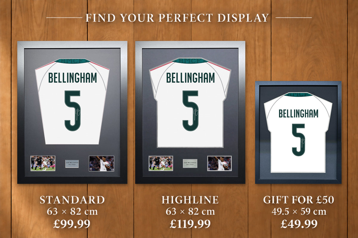 Jude Bellingham display comparison: Standard £99.99 and Highline £119.99, both 63 x 82 cm; Gift for £50 £49.99, 49.5 x 59 cm, with smaller name and number.