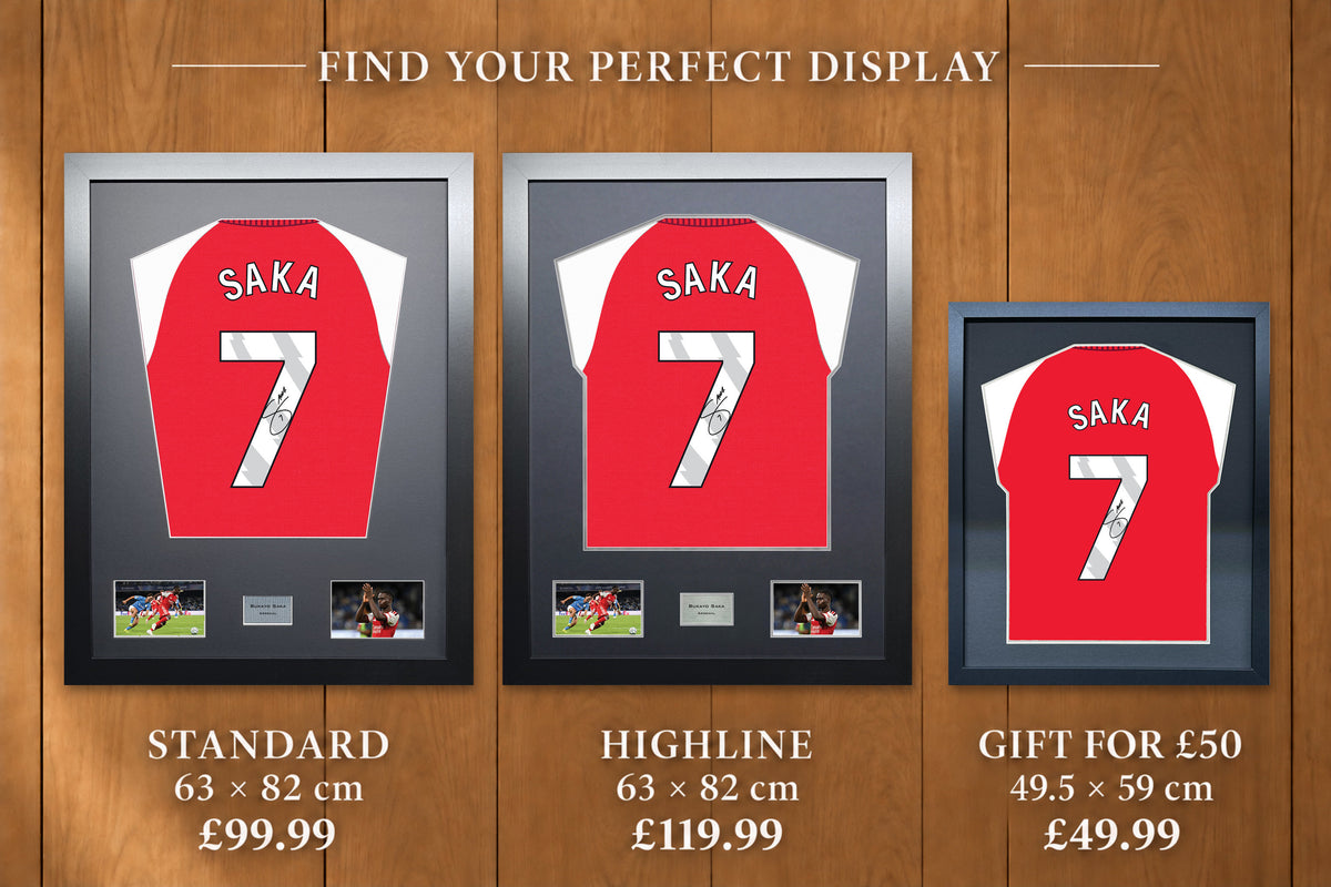Bukayo Saka display comparison: Standard £99.99 and Highline £119.99, both 63 x 82 cm; Gift for £50 £49.99, 49.5 x 59 cm, with smaller name and number.