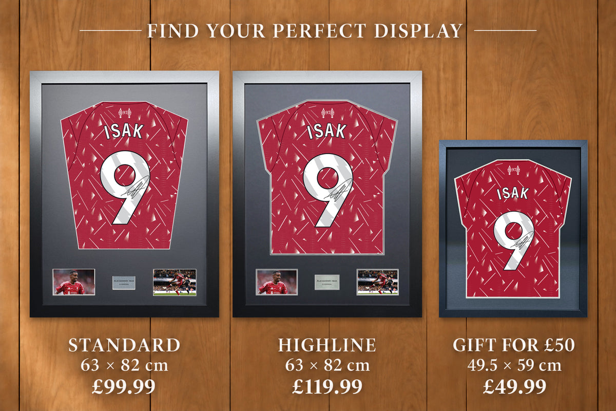 Alexander Isak display comparison: Standard £99.99 and Highline £119.99, both 63 x 82 cm; Gift for £50 £49.99, 49.5 x 59 cm, with smaller name and number.