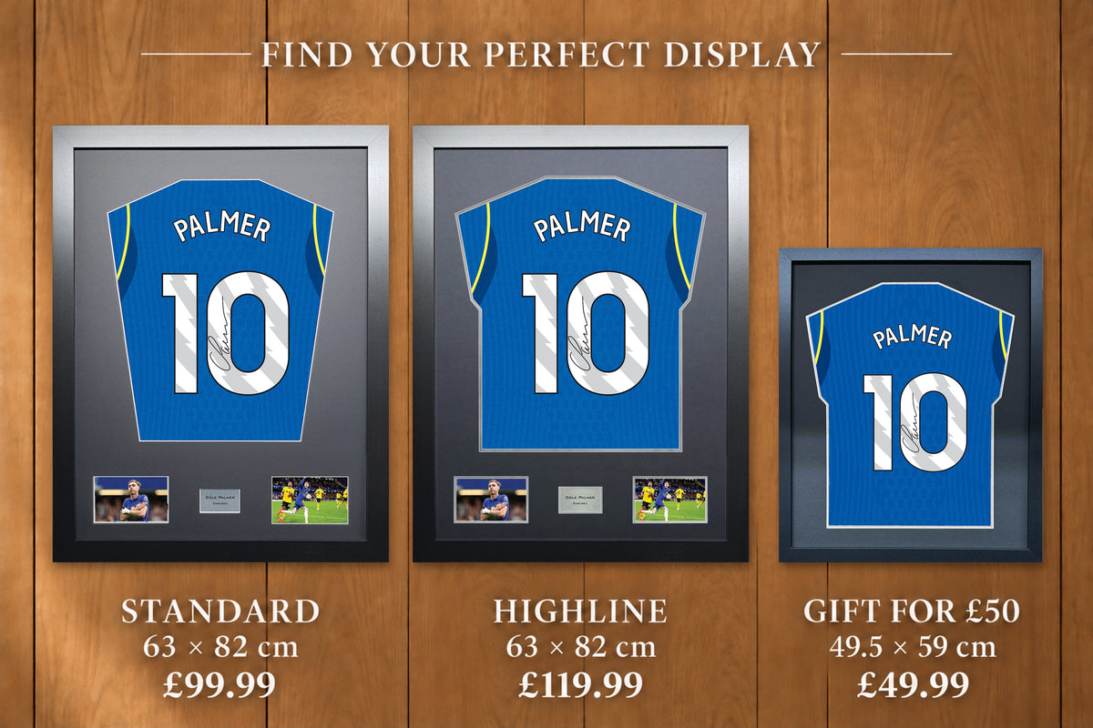 Cole Palmer display comparison: Standard £99.99 and Highline £119.99, both 63 x 82 cm; Gift for £50 £49.99, 49.5 x 59 cm, with smaller name and number.