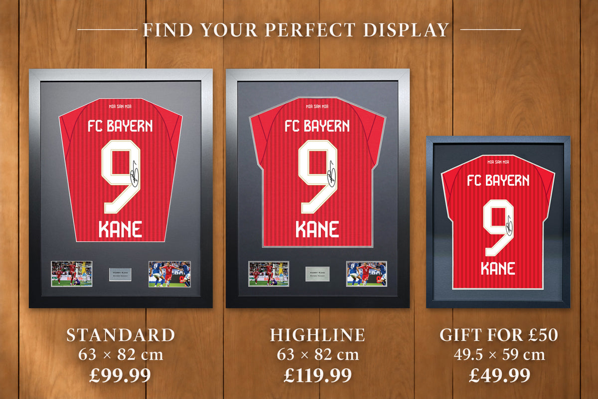 Harry Kane display comparison: Standard £99.99 and Highline £119.99, both 63 x 82 cm; Gift for £50 £49.99, 49.5 x 59 cm, with smaller name and number.