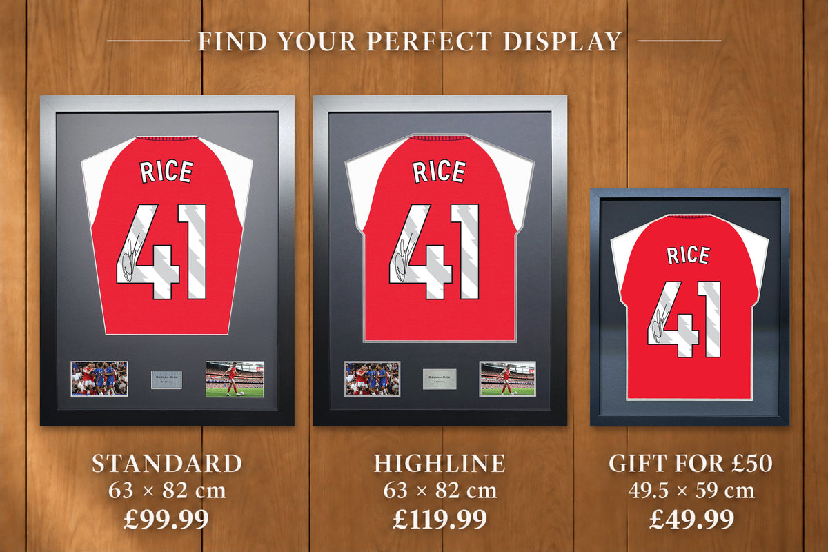 Declan Rice display comparison: Standard £99.99 and Highline £119.99, both 63 x 82 cm; Gift for £50 £49.99, 49.5 x 59 cm, with smaller name and number.