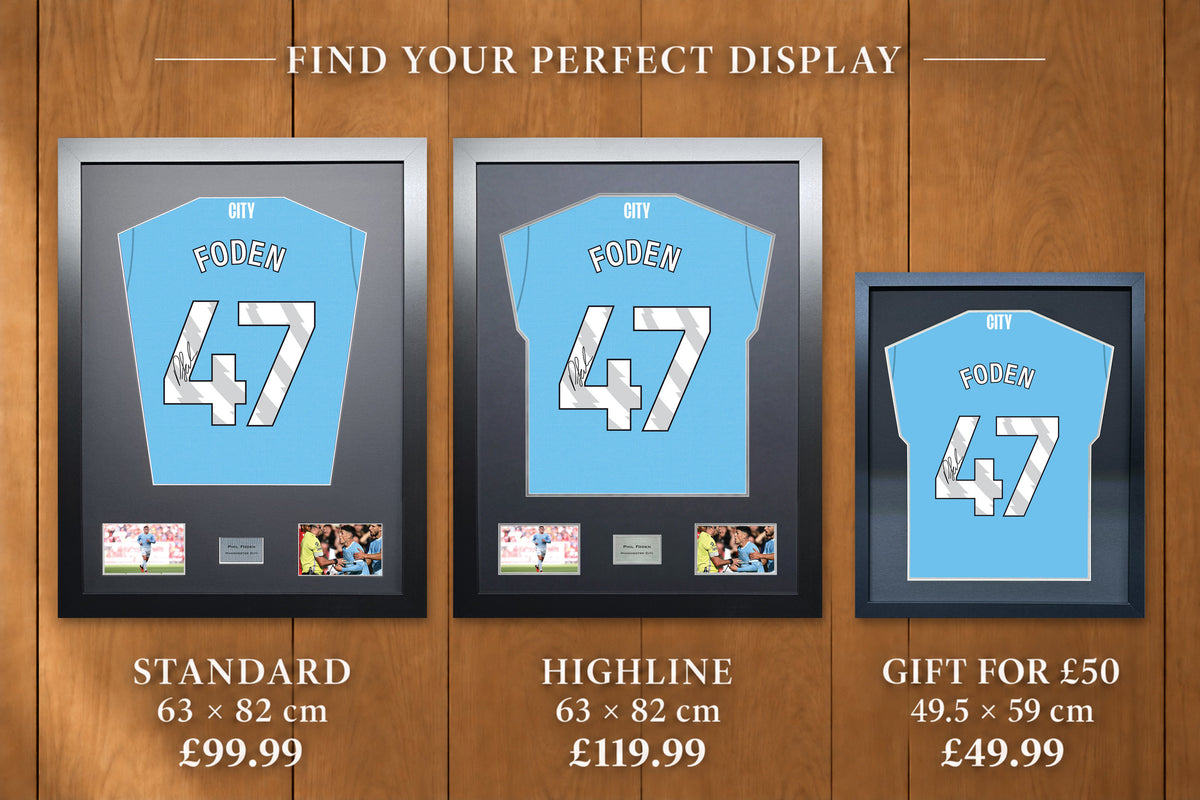 Phil Foden display comparison: Standard £99.99 and Highline £119.99, both 63 x 82 cm; Gift for £50 £49.99, 49.5 x 59 cm, with smaller name and number.