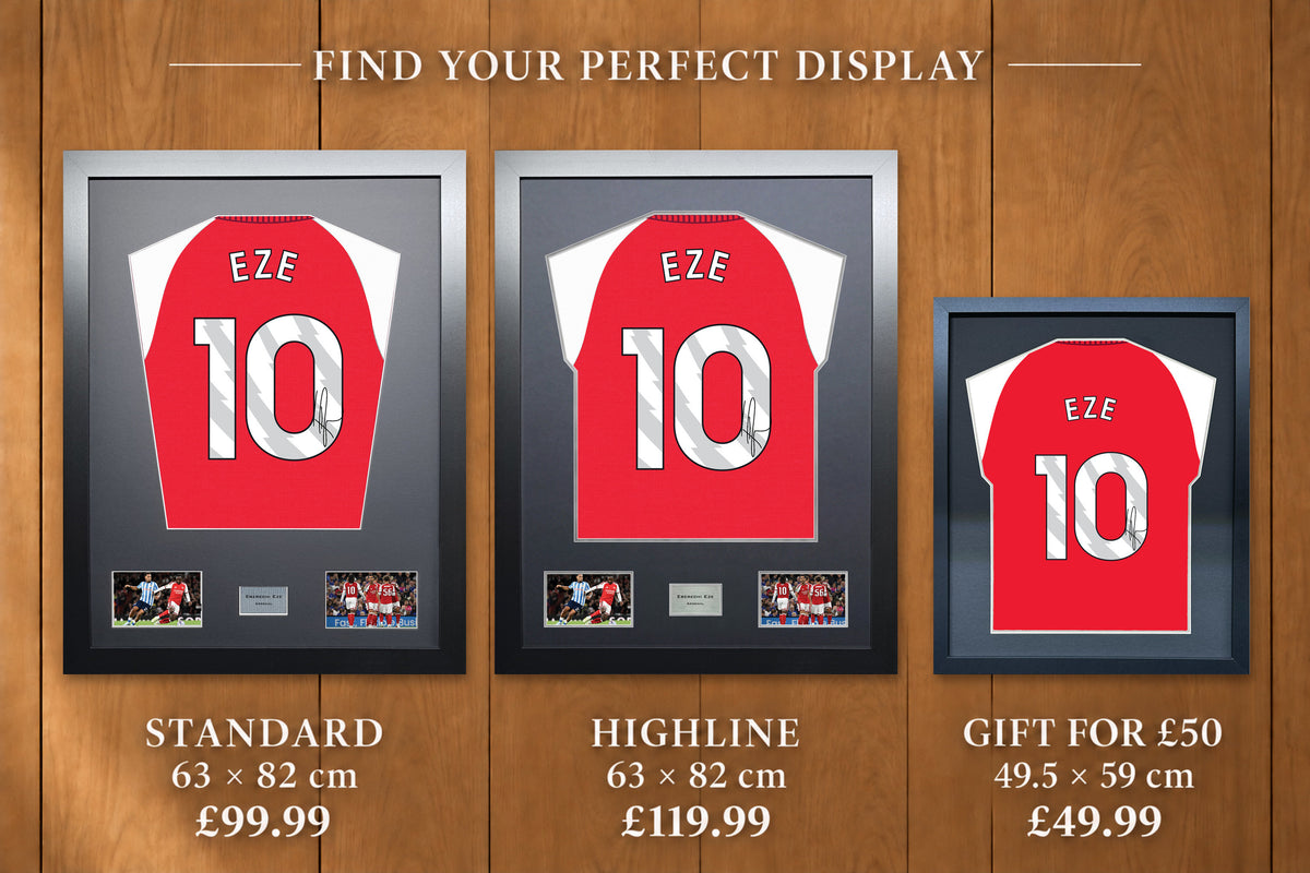 Eberechi Eze display comparison: Standard £99.99 and Highline £119.99, both 63 x 82 cm; Gift for £50 £49.99, 49.5 x 59 cm, with smaller name and number.