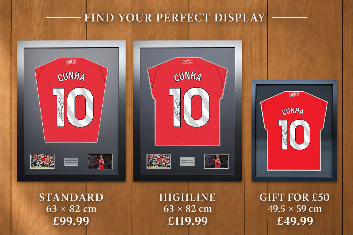 Matheus Cunha display comparison: Standard £99.99 and Highline £119.99, both 63 x 82 cm; Gift for £50 £49.99, 49.5 x 59 cm, with smaller name and number.