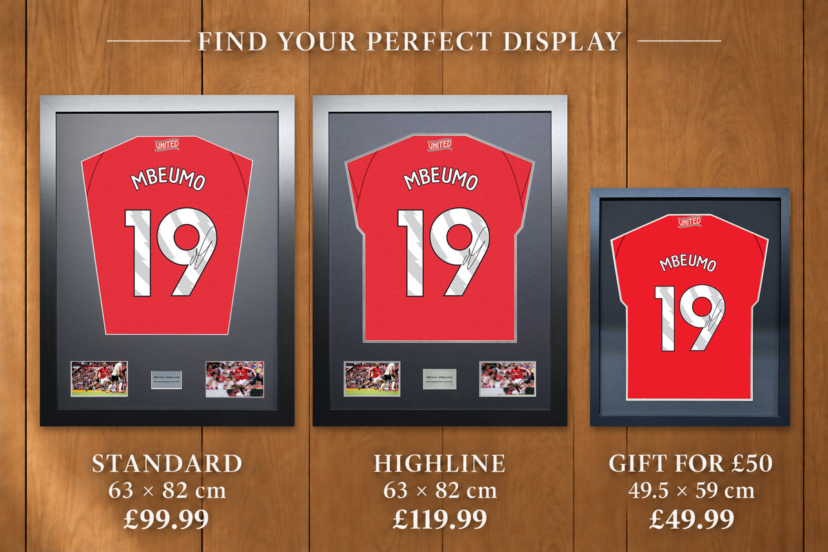 Bryan Mbeumo display comparison: Standard £99.99 and Highline £119.99, both 63 x 82 cm; Gift for £50 £49.99, 49.5 x 59 cm, with smaller name and number.