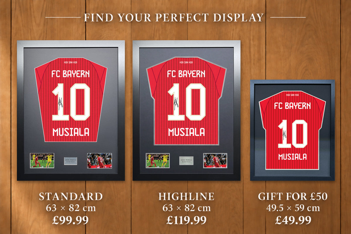 Jamal Musiala display comparison: Standard £99.99 and Highline £119.99, both 63 x 82 cm; Gift for £50 £49.99, 49.5 x 59 cm, with smaller name and number.