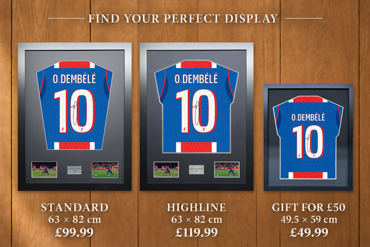 Ousmane Dembele display comparison: Standard £99.99 and Highline £119.99, both 63 x 82 cm; Gift for £50 £49.99, 49.5 x 59 cm, with smaller name and number.