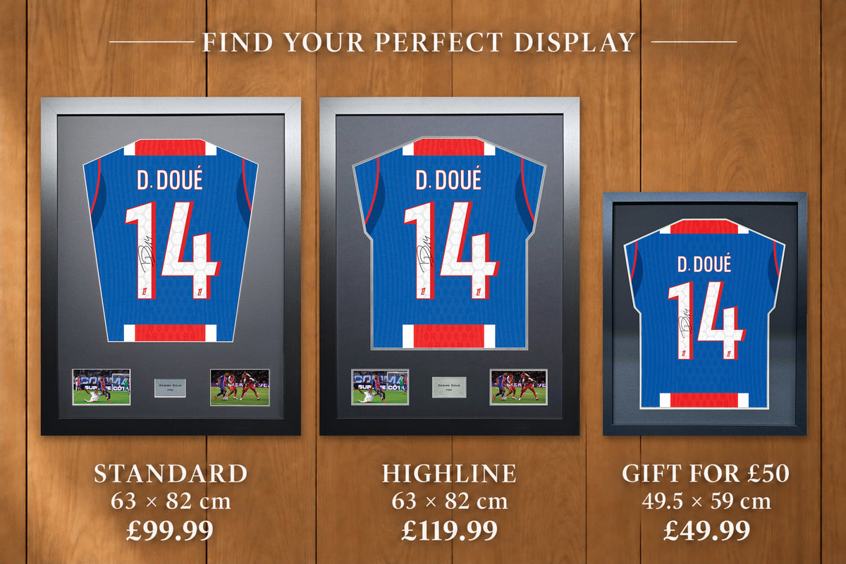 Desire Doue display comparison: Standard £99.99 and Highline £119.99, both 63 x 82 cm; Gift for £50 £49.99, 49.5 x 59 cm, with smaller name and number.
