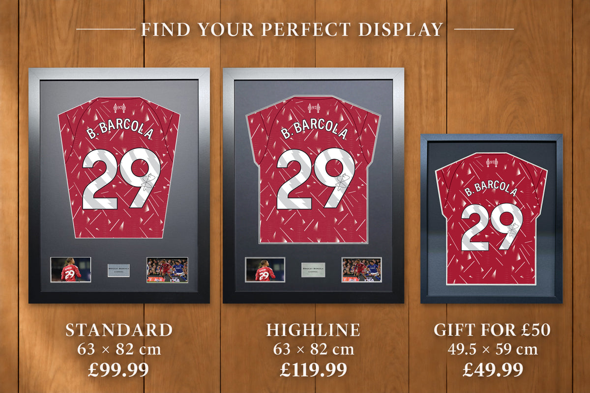 Bradley Barcola display comparison: Standard £99.99 and Highline £119.99, both 63 x 82 cm; Gift for £50 £49.99, 49.5 x 59 cm, with smaller name and number.