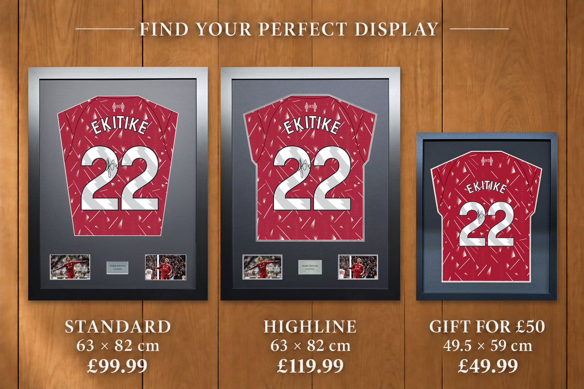 Hugo Ekitike display comparison: Standard £99.99 and Highline £119.99, both 63 x 82 cm; Gift for £50 £49.99, 49.5 x 59 cm, with smaller name and number.