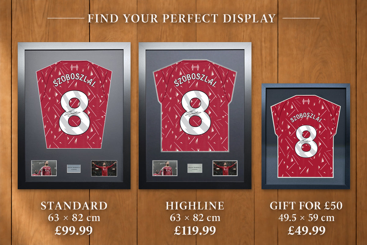 Dominik Szoboszlai display comparison: Standard £99.99 and Highline £119.99, both 63 x 82 cm; Gift for £50 £49.99, 49.5 x 59 cm, with smaller name and number.