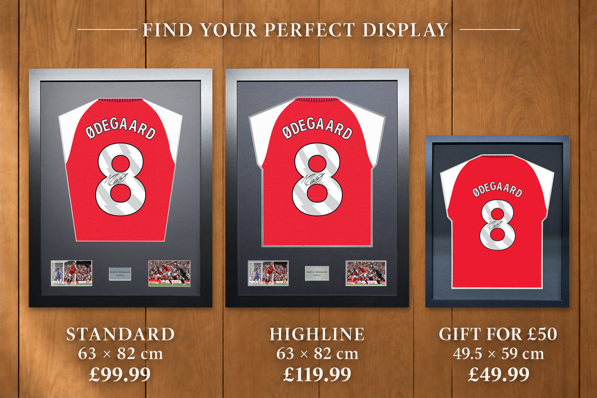 Martin Odegaard display comparison: Standard £99.99 and Highline £119.99, both 63 x 82 cm; Gift for £50 £49.99, 49.5 x 59 cm, with smaller name and number.