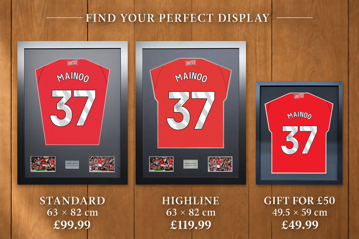 Kobbie Mainoo display comparison: Standard £99.99 and Highline £119.99, both 63 x 82 cm; Gift for £50 £49.99, 49.5 x 59 cm, with smaller name and number.
