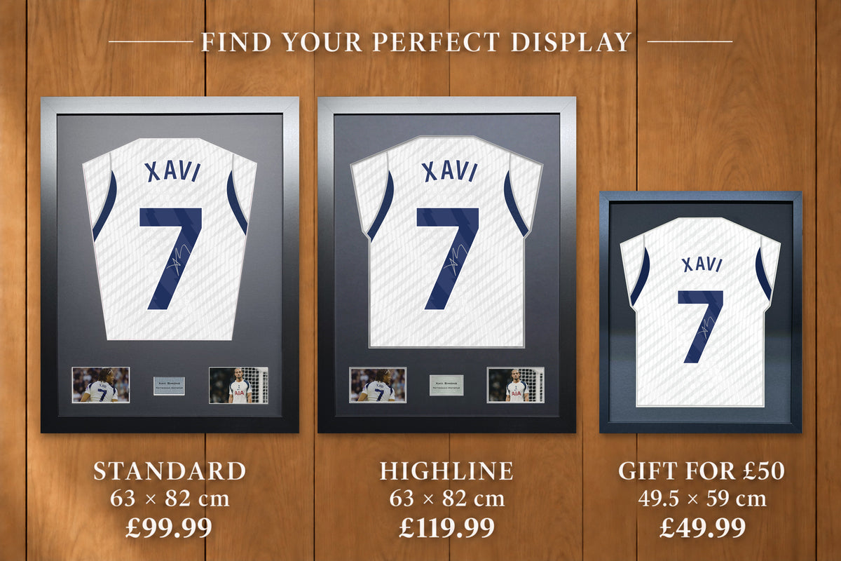 Xavi Simons display comparison: Standard £99.99 and Highline £119.99, both 63 x 82 cm; Gift for £50 £49.99, 49.5 x 59 cm, with smaller name and number.