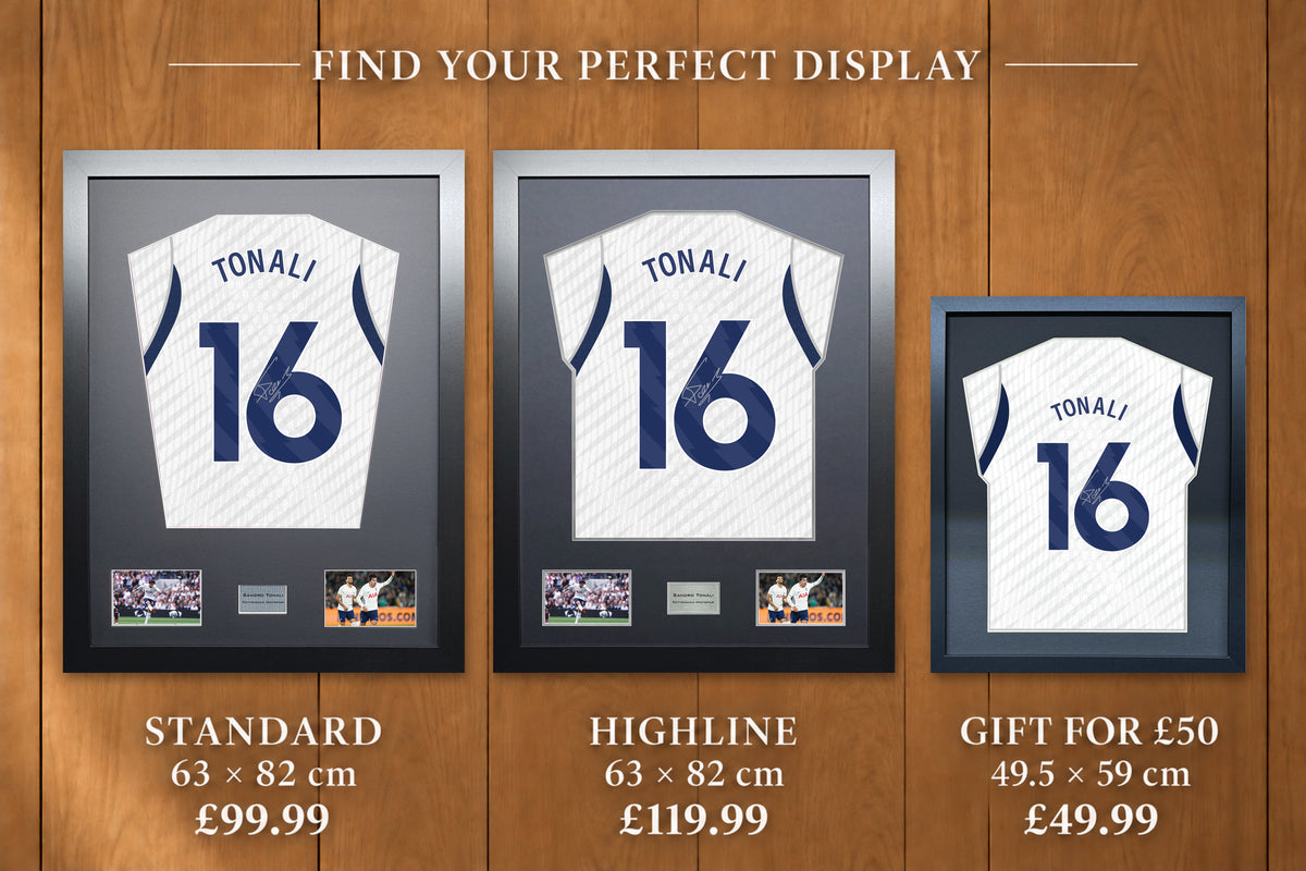 Sandro Tonali display comparison: Standard £99.99 and Highline £119.99, both 63 x 82 cm; Gift for £50 £49.99, 49.5 x 59 cm, with smaller name and number.