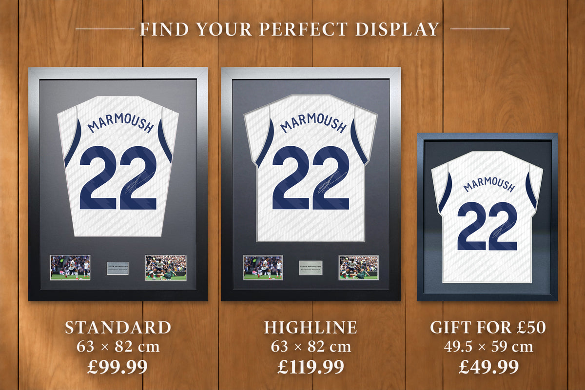 Omar Marmoush display comparison: Standard £99.99 and Highline £119.99, both 63 x 82 cm; Gift for £50 £49.99, 49.5 x 59 cm, with smaller name and number.