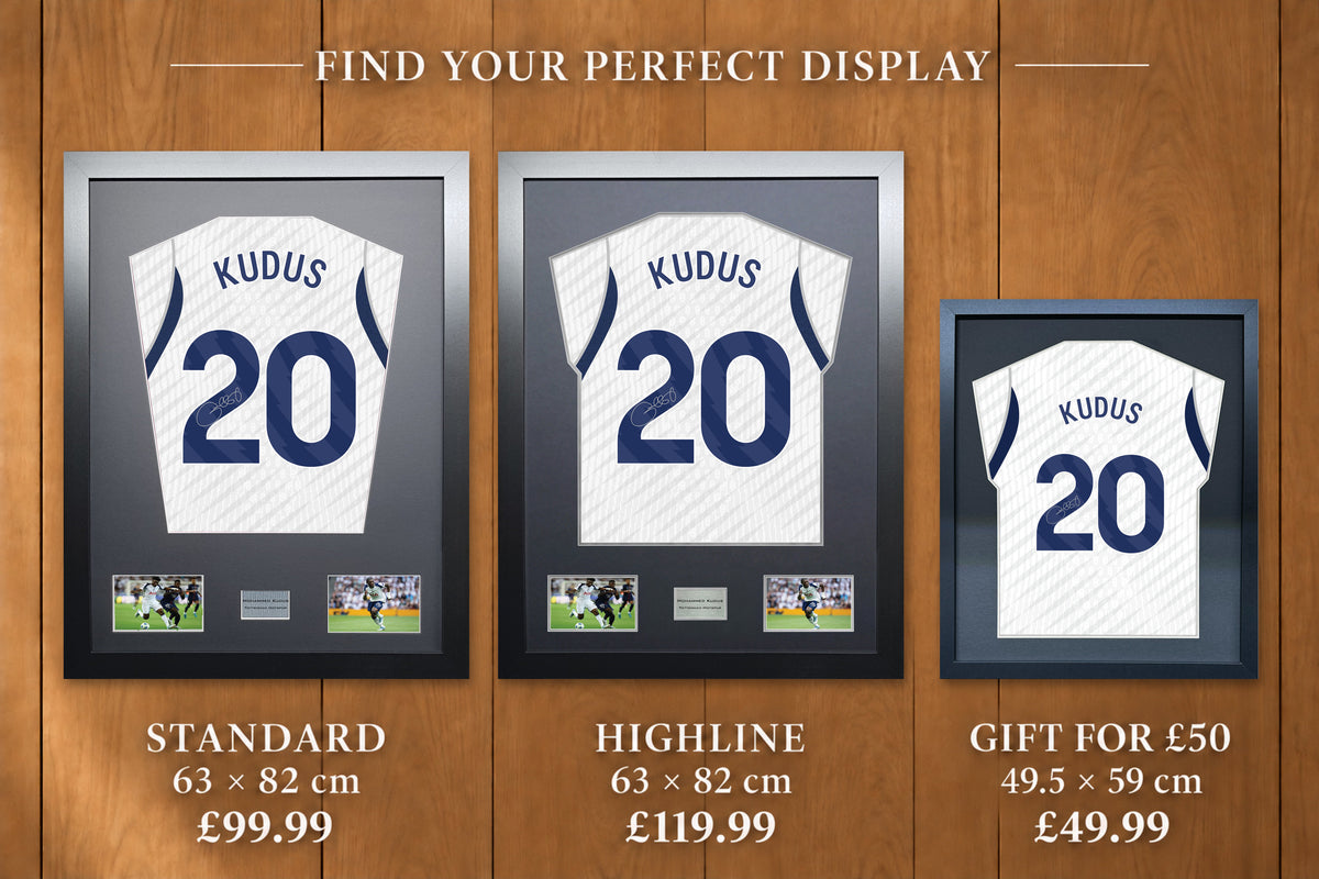 Mohammed Kudus display comparison: Standard £99.99 and Highline £119.99, both 63 x 82 cm; Gift for £50 £49.99, 49.5 x 59 cm, with smaller name and number.
