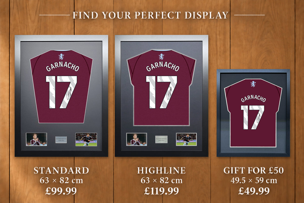 Alejandro Garnacho display comparison: Standard £99.99 and Highline £119.99, both 63 x 82 cm; Gift for £50 £49.99, 49.5 x 59 cm, with smaller name and number.