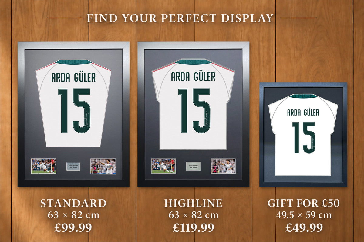 Arda Guler display comparison: Standard £99.99 and Highline £119.99, both 63 x 82 cm; Gift for £50 £49.99, 49.5 x 59 cm, with smaller name and number.