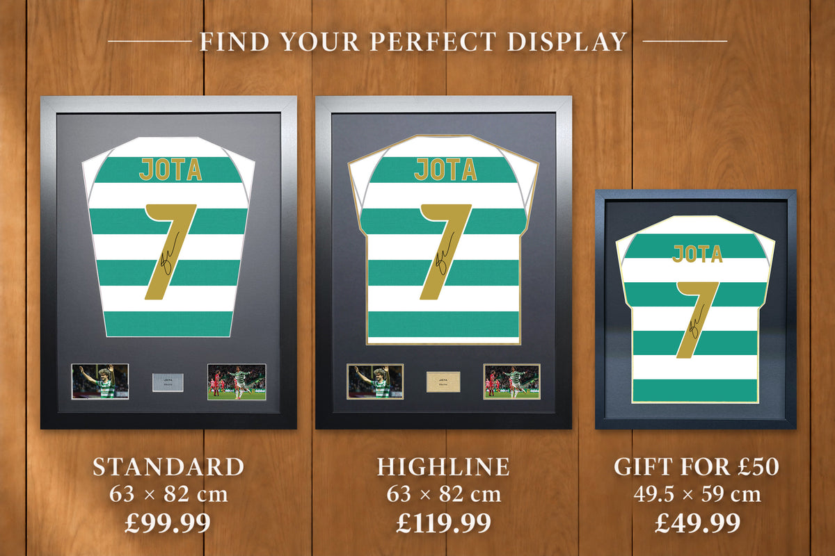 Jota display comparison: Standard £99.99 and Highline £119.99, both 63 x 82 cm; Gift for £50 £49.99, 49.5 x 59 cm, with smaller name and number.