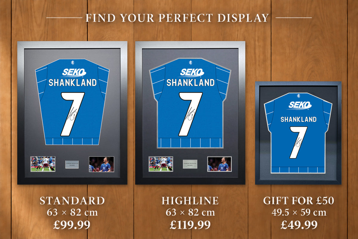 Lawrence Shankland display comparison: Standard £99.99 and Highline £119.99, both 63 x 82 cm; Gift for £50 £49.99, 49.5 x 59 cm, with smaller name and number.