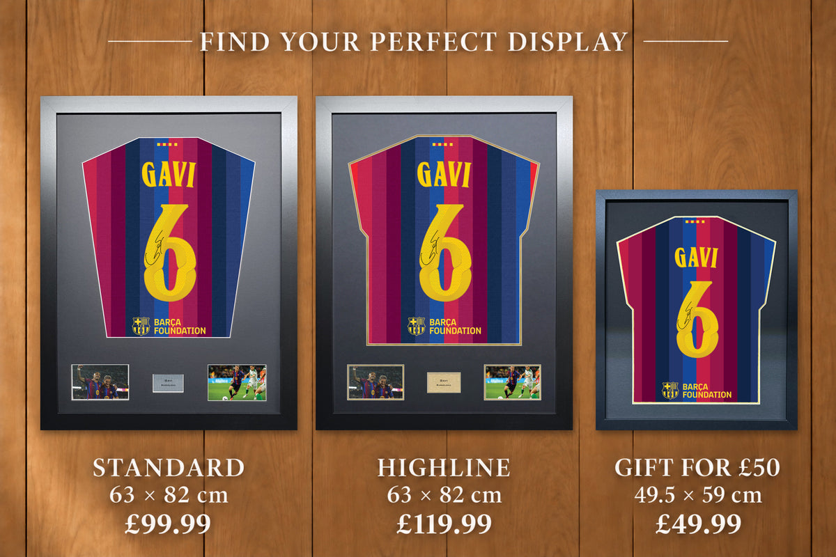 Gavi display comparison: Standard £99.99 and Highline £119.99, both 63 x 82 cm; Gift for £50 £49.99, 49.5 x 59 cm, with smaller name and number.