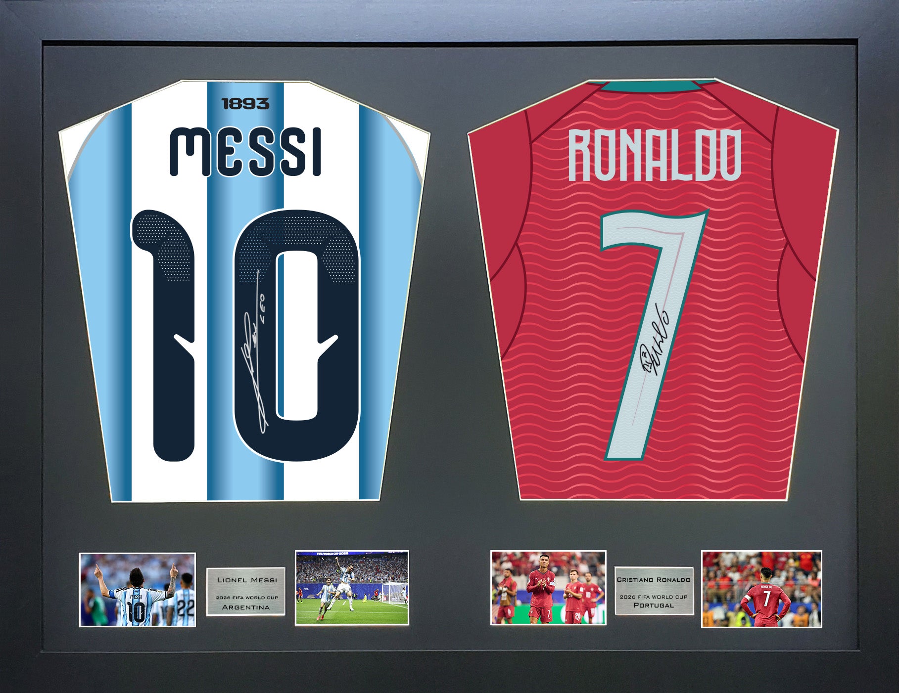 Messi and Ronaldo Argentina and Portugal World Cup 26 signed shirt frame