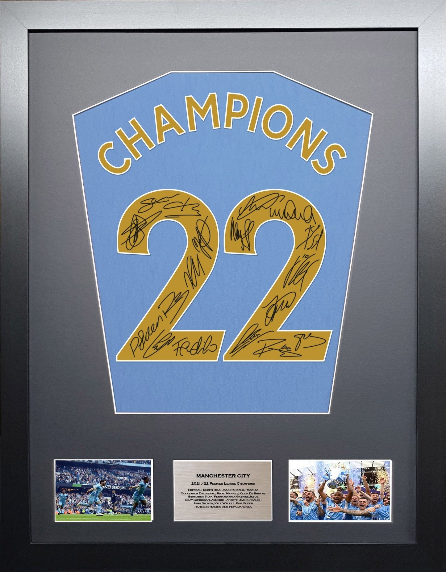 Manchester City Premier League Champions 2022 Team signed shirt Frame