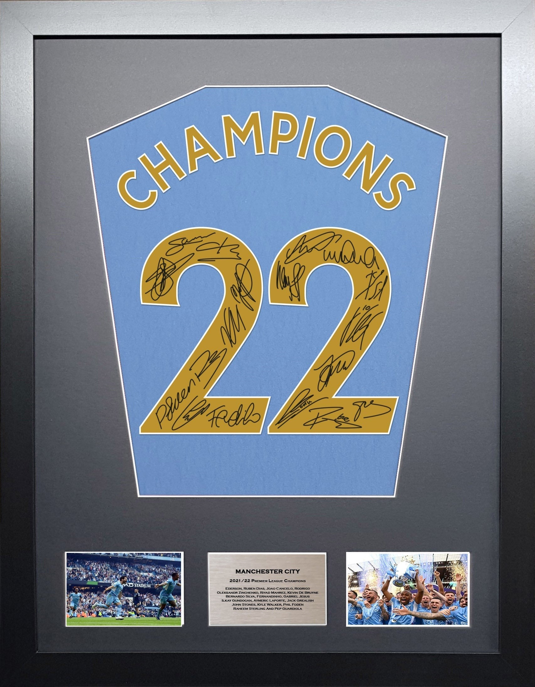 Manchester City Premier League Champions 2022 Team signed shirt Frame